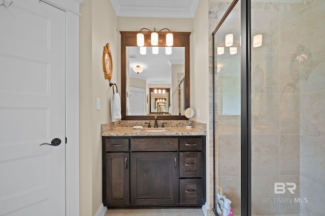 32035 Bobwhite Rd, Spanish Fort, AL 36527 - full bathroom featuring a stall shower, crown molding, and vanity