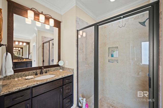 32035 Bobwhite Rd, Spanish Fort, AL 36527 - bathroom featuring a shower stall, crown molding, and vanity
