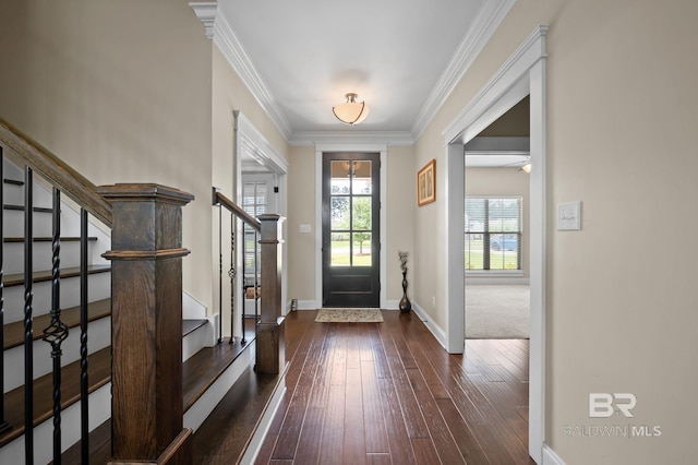 32035 Bobwhite Rd, Spanish Fort, AL 36527 - foyer with stairway, dark wood-style floors, crown molding, and baseboards