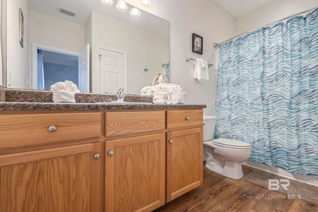 bathroom featuring toilet, vanity, and wood-type flooring