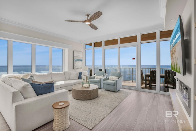 living area featuring crown molding, a wall of windows, plenty of natural light, a ceiling fan, and wood finished floors