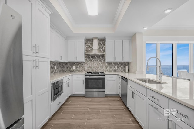 kitchen featuring crown molding, stainless steel appliances, a sink, a tray ceiling, and wall chimney range hood