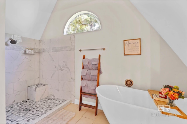 106 Gordon Cir, Daphne, AL 36526 - bathroom featuring a soaking tub, lofted ceiling, a walk in shower, and tile patterned flooring