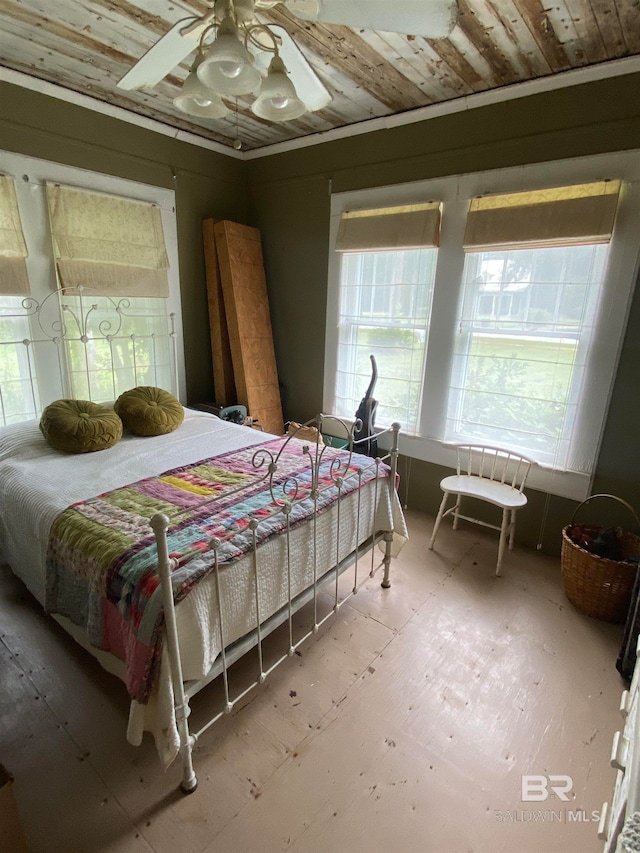 bedroom featuring ceiling fan and wooden ceiling