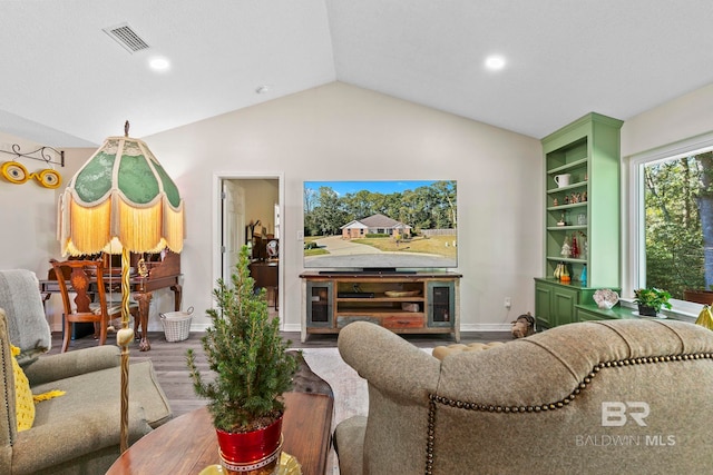 living room with wood-type flooring and lofted ceiling