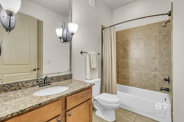 bathroom with shower / tub combo with curtain, vanity, toilet, and tile patterned floors