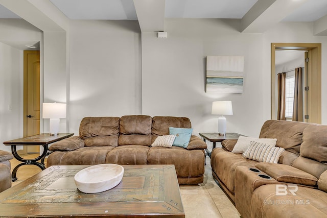 living room with light tile patterned flooring