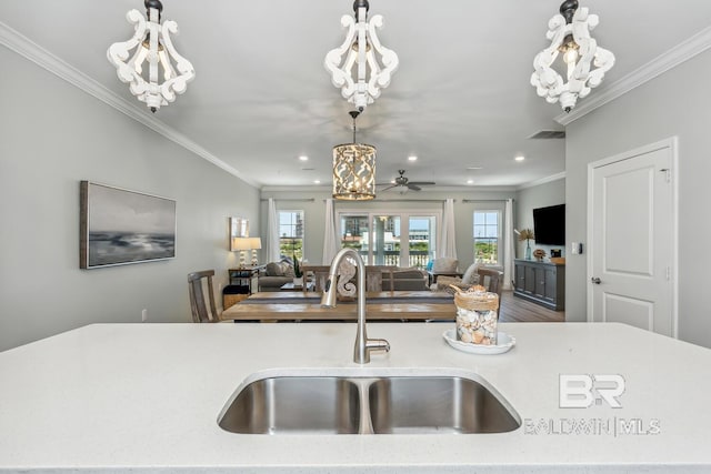 kitchen featuring pendant lighting, sink, hardwood / wood-style flooring, and ornamental molding