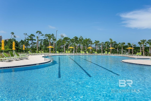 view of swimming pool with a patio area and pool water feature