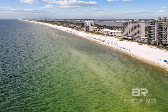 drone / aerial view with a water view and a beach view