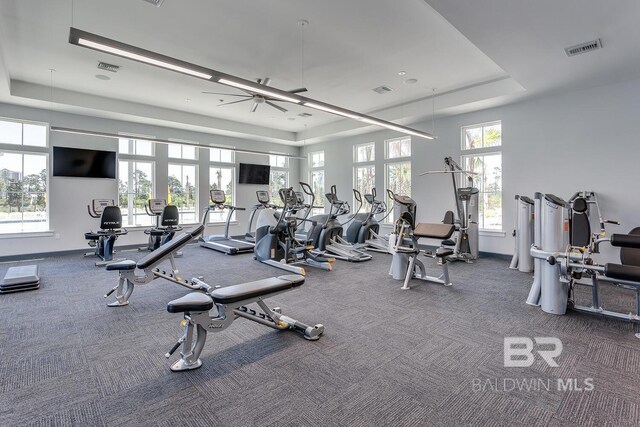 exercise room featuring ceiling fan, a raised ceiling, and dark carpet