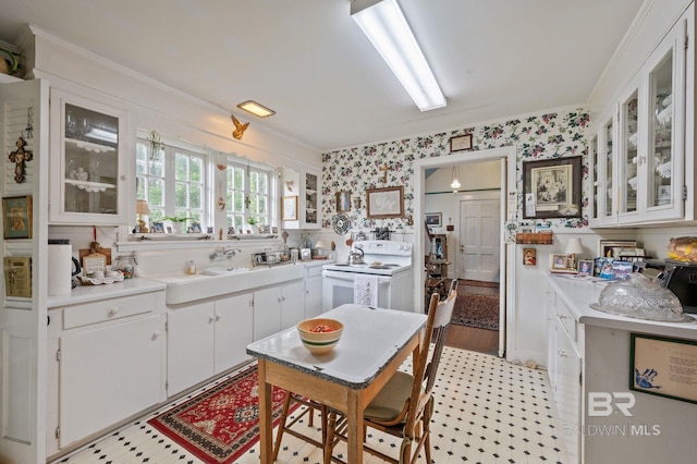 kitchen featuring ornamental molding, white range with electric stovetop, white cabinets, and light hardwood / wood-style floors