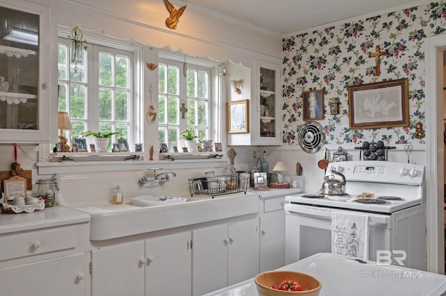 kitchen featuring crown molding, sink, electric stove, and white cabinets