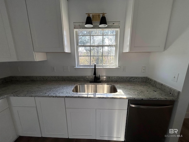 kitchen featuring sink, dishwasher, white cabinets, and light stone countertops