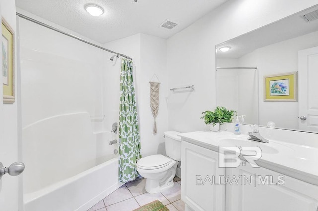 bathroom with toilet, tile patterned floors, visible vents, and shower / bathtub combination with curtain