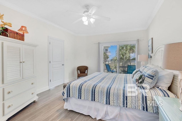 bedroom with access to exterior, a ceiling fan, baseboards, light wood-type flooring, and ornamental molding