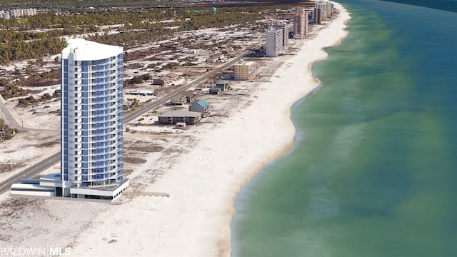 bird's eye view featuring a water view and a view of the beach