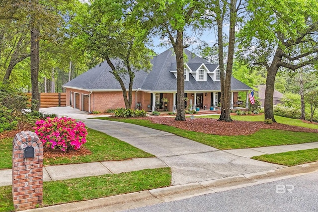 cape cod-style house featuring a front lawn, a porch, and a garage