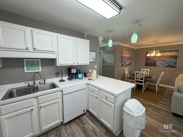 1117 W Lagoon Ave Unit 9, Gulf Shores, AL 36542 - kitchen featuring dishwasher, a sink, a peninsula, ornamental molding, and white cabinets