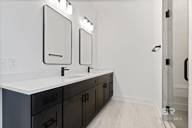 bathroom featuring walk in shower and vanity