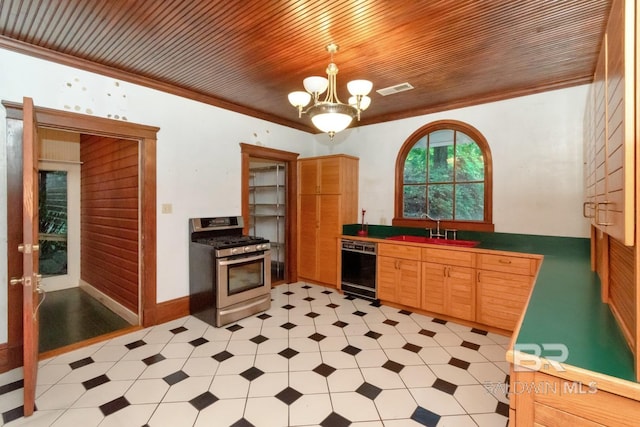 101 S Carlen St, Mobile, AL 36606 - kitchen with stainless steel gas stove, black dishwasher, light flooring, crown molding, and a chandelier