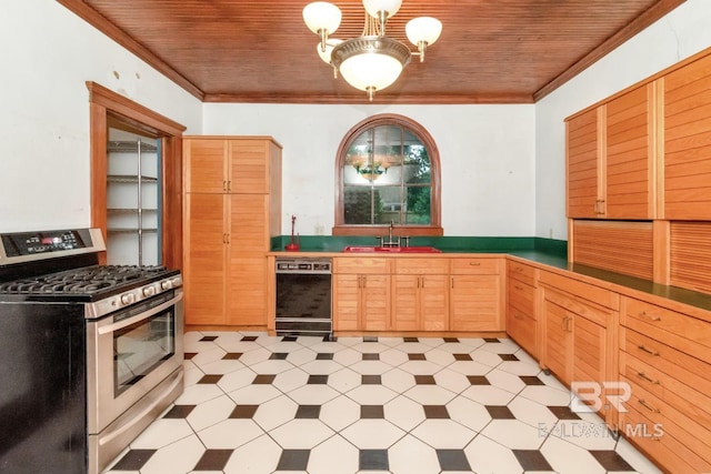 101 S Carlen St, Mobile, AL 36606 - kitchen with stainless steel gas range oven, dishwasher, light flooring, ornamental molding, and light brown cabinets