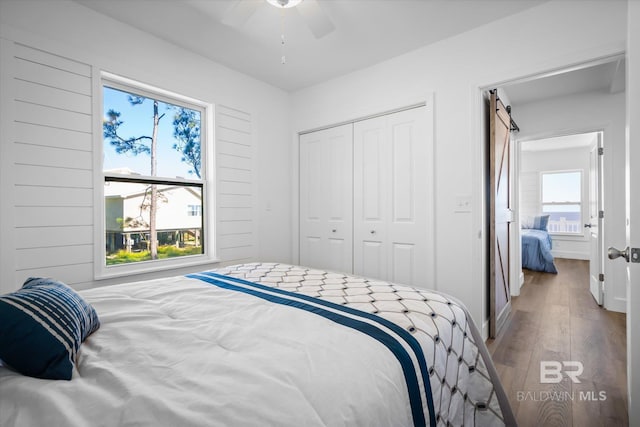 bedroom with ceiling fan, a closet, and wood-type flooring