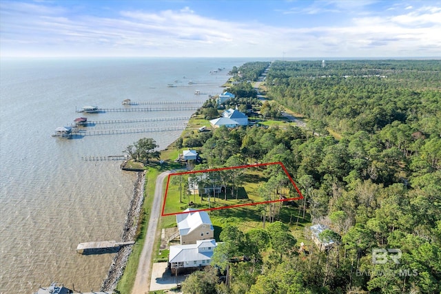 birds eye view of property with a water view