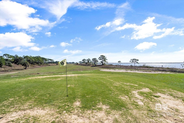 view of home's community with a lawn and a water view