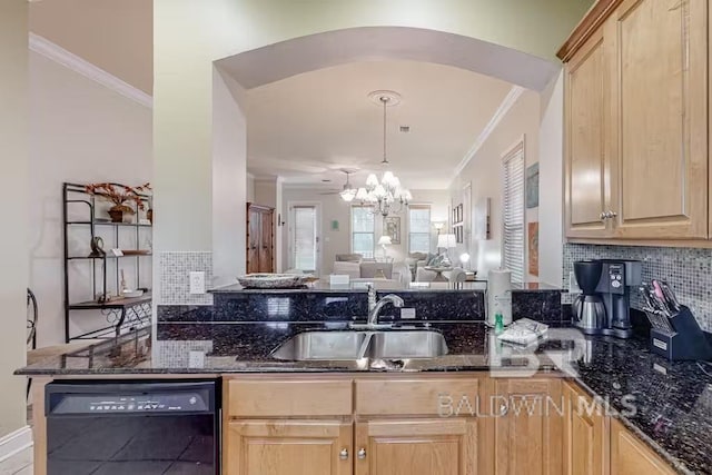 kitchen with ornamental molding, black dishwasher, a chandelier, and dark stone counters