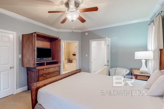 carpeted bedroom with ceiling fan and crown molding