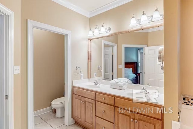 bathroom featuring tile flooring, vanity with extensive cabinet space, double sink, crown molding, and toilet