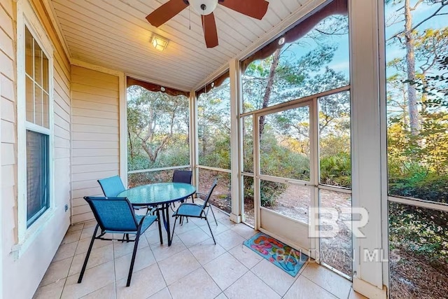 sunroom with wooden ceiling and ceiling fan