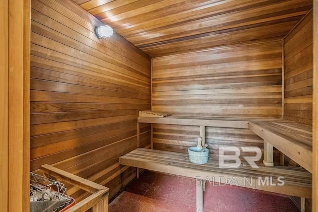 view of sauna / steam room with wood walls