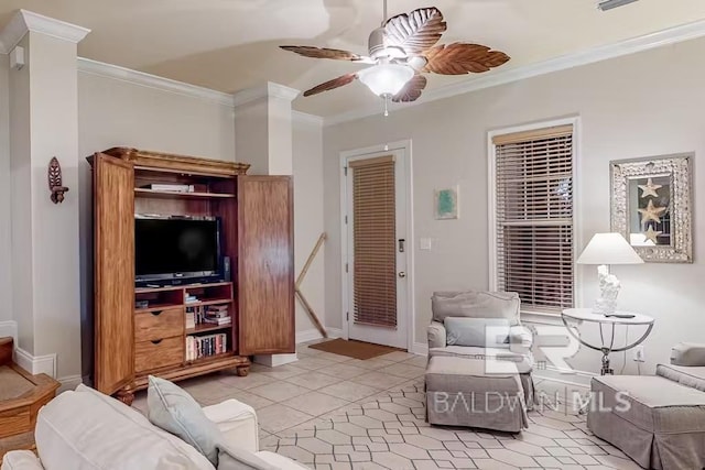 living room featuring ceiling fan, crown molding, and light tile floors