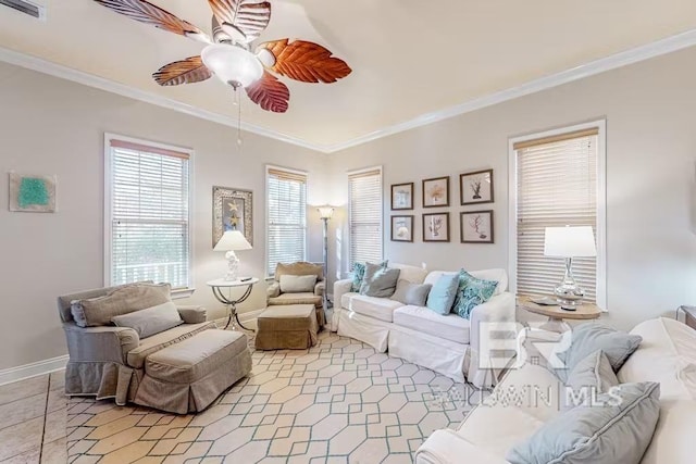 living room with ornamental molding, ceiling fan, and light tile floors