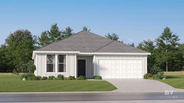 single story home with an attached garage, board and batten siding, driveway, and a front lawn