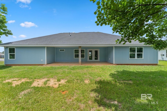1819 Mary Jane Dr, Bay Minette, AL 36507 - back of property featuring a patio, a shingled roof, a lawn, and french doors