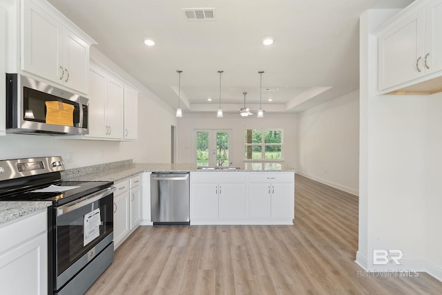 1819 Mary Jane Dr, Bay Minette, AL 36507 - kitchen featuring recessed lighting, light wood-style floors, a tray ceiling, and stainless steel appliances