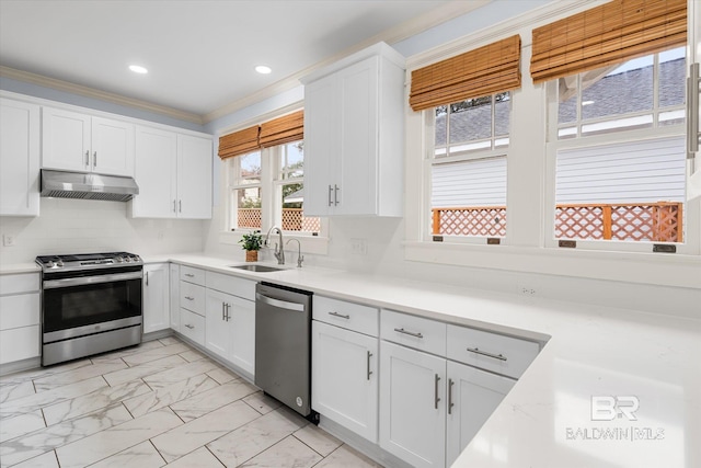 kitchen with ornamental molding, stainless steel appliances, sink, and white cabinets