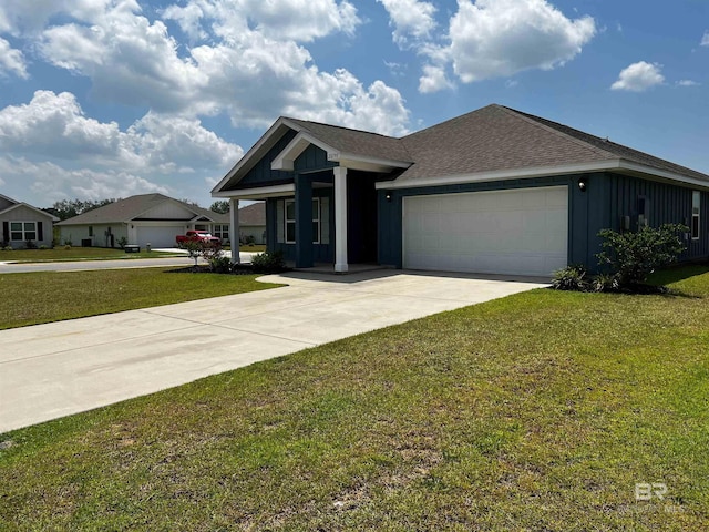 view of front of house featuring a front lawn, board and batten siding, concrete driveway, an attached garage, and a shingled roof