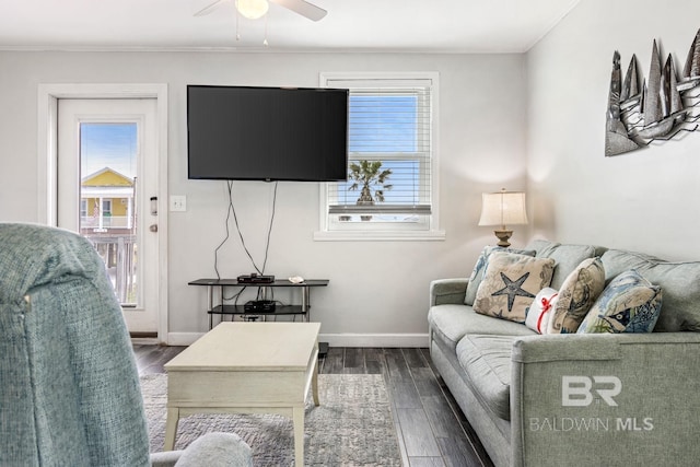 467 W Bernard Ct, Gulf Shores, AL 36542 - living area with wood finished floors, ceiling fan, ornamental molding, and baseboards