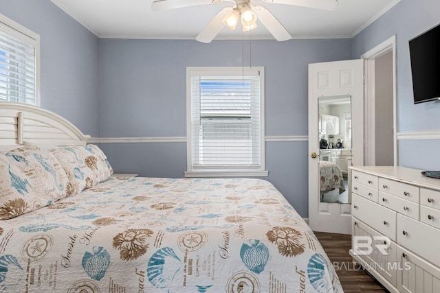 467 W Bernard Ct, Gulf Shores, AL 36542 - bedroom featuring multiple windows, dark wood-style floors, crown molding, and ceiling fan