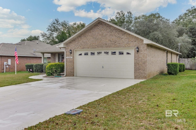 ranch-style house featuring a front yard and a garage