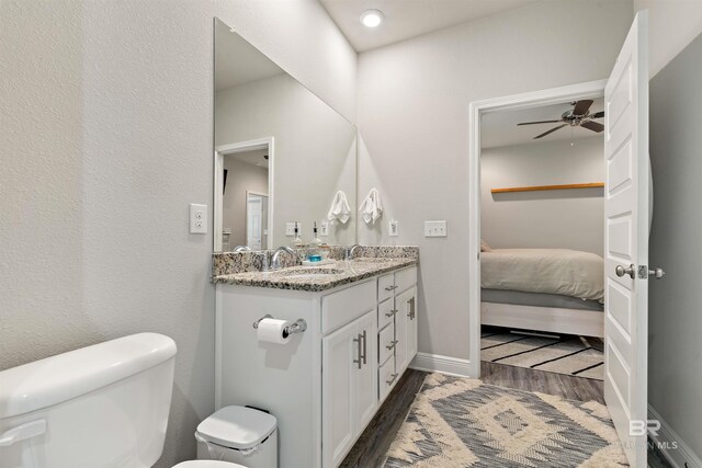 1213 Primrose Ln, Foley, AL 36535 - bathroom featuring wood finished floors, toilet, connected bathroom, double vanity, and a ceiling fan