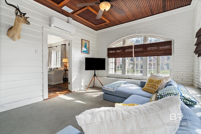 living room with a wealth of natural light, carpet flooring, wood ceiling, and a wall unit AC