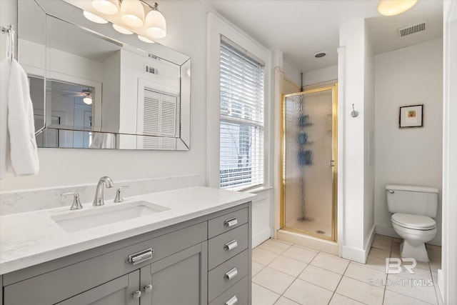 full bathroom featuring tile patterned floors, visible vents, toilet, a stall shower, and vanity