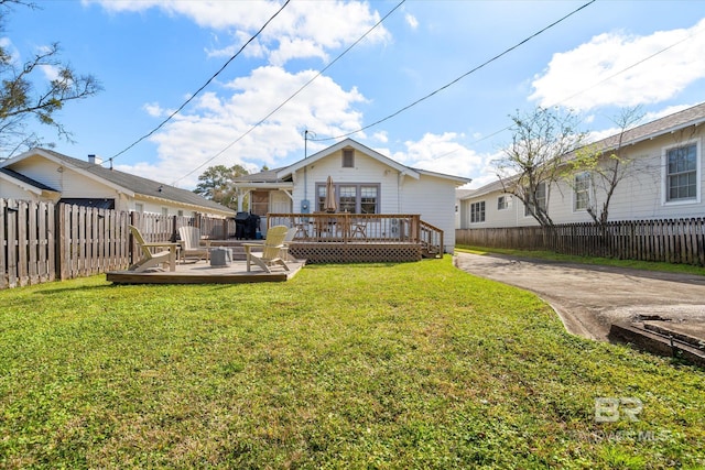 back of house with a deck, a yard, and fence private yard