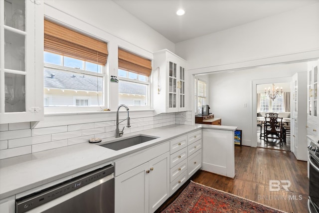 kitchen featuring a sink, dark wood-type flooring, decorative backsplash, white cabinetry, and stainless steel dishwasher