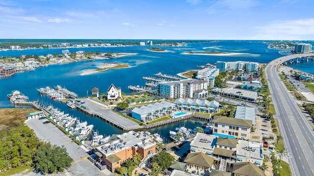 drone / aerial view with a water view